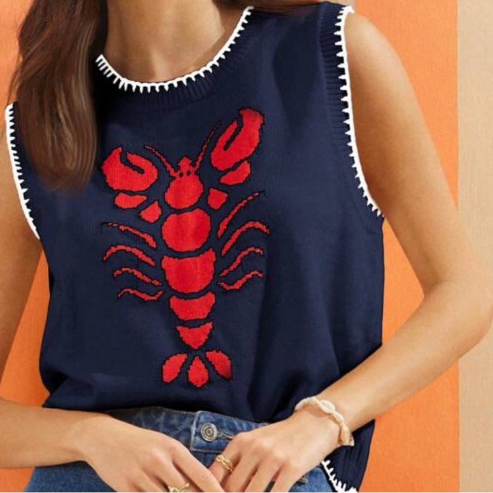 WESTFADE Round Neck Multi Stitch Lobster Intarsia Sweater Vest - Picture 2 of 6